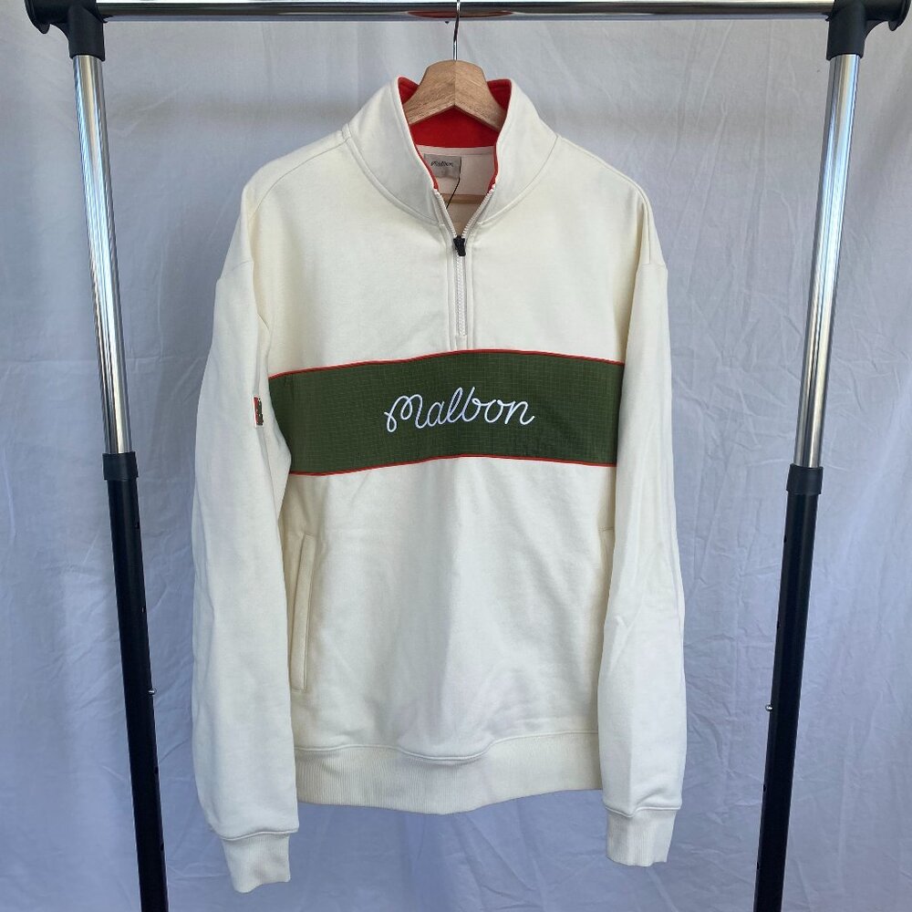 Malbon Cream Half-Zip Pullover Sweater with Olive Stripe